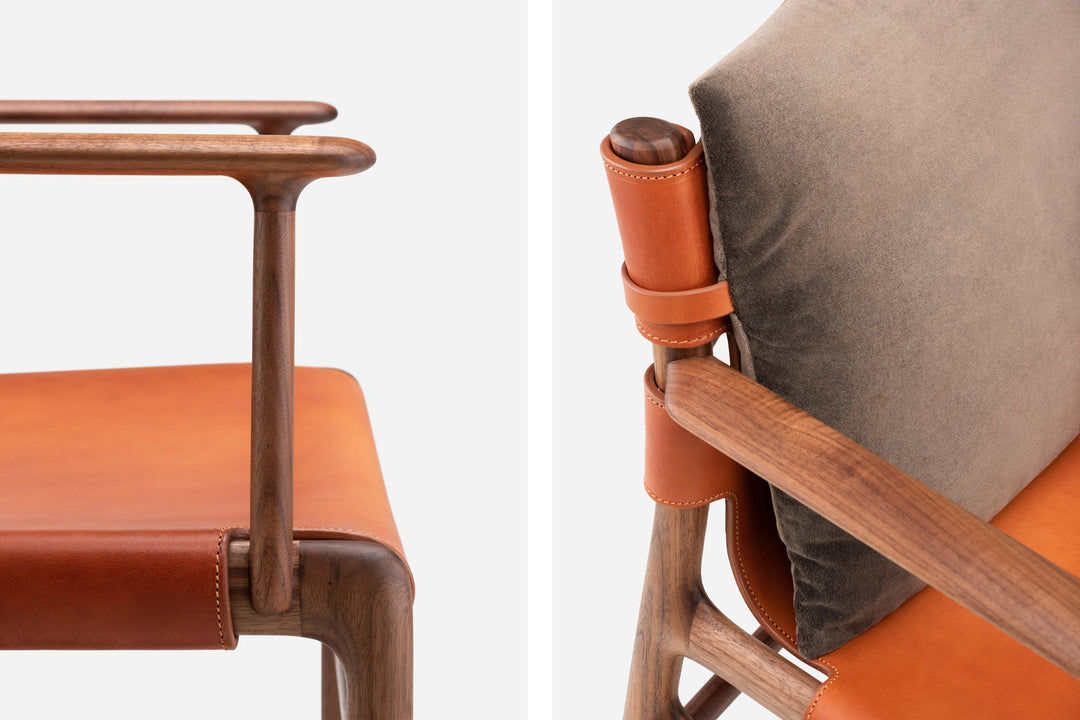 DANISH OILED WALNUT & DARK TAN LEATHER & BALBOA 29 FABRIC