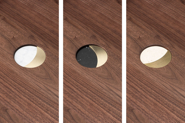 DANISH OILED WALNUT & CARRARA MARBLE, BLACK MARQUINA MARBLE, ATAIJA CREME LIMESTONE