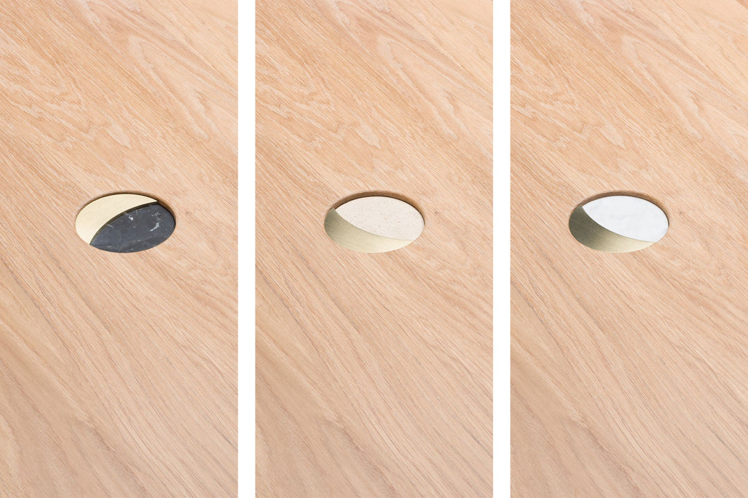 WHITE OILED OAK & BLACK MARQUINA MARBLE, ATAIJA CREME LIMESTONE, CARRARA MARBLE