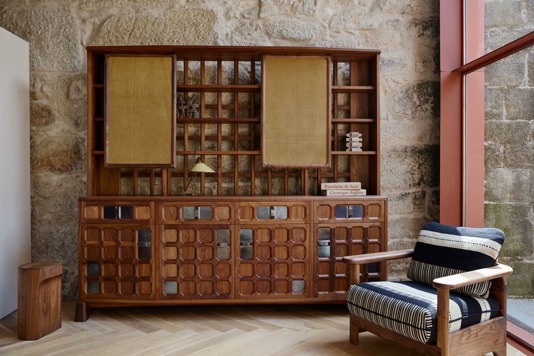 DANISH OILED WALNUT & GREY CERAMIC & OCHRE FLORES TEXTILE LINEN (MODEL: LF)